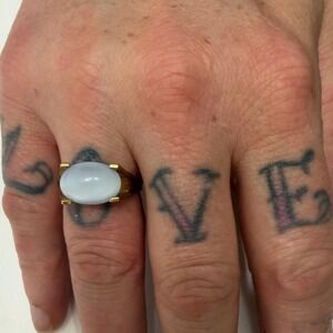 Vintage Blue Chalcedony Statement Ring Gold Tone Architectural Ethereal Size Adj